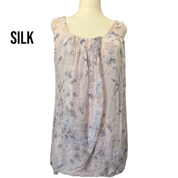 Elena Baldi Tops - Elena Baldi SILK Sheer Flowy Tank Top Blouse Pink Blue Floral Cottagecore Large